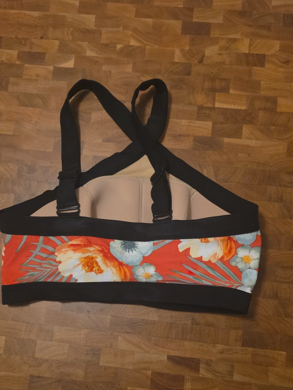 Floral Coral Bandeau Bikini Top with Black Trim